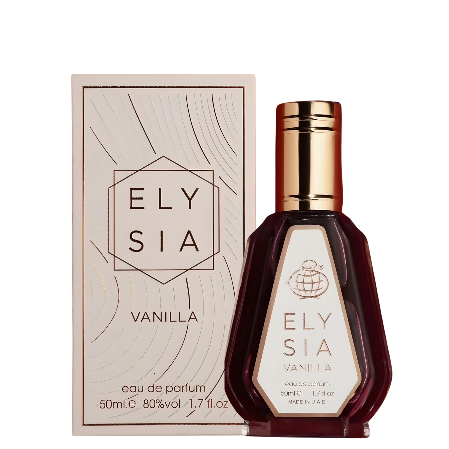 Elysia Vanilla 50ml perfume by Fragrance World, featuring a deep amber glass bottle with a gold cap