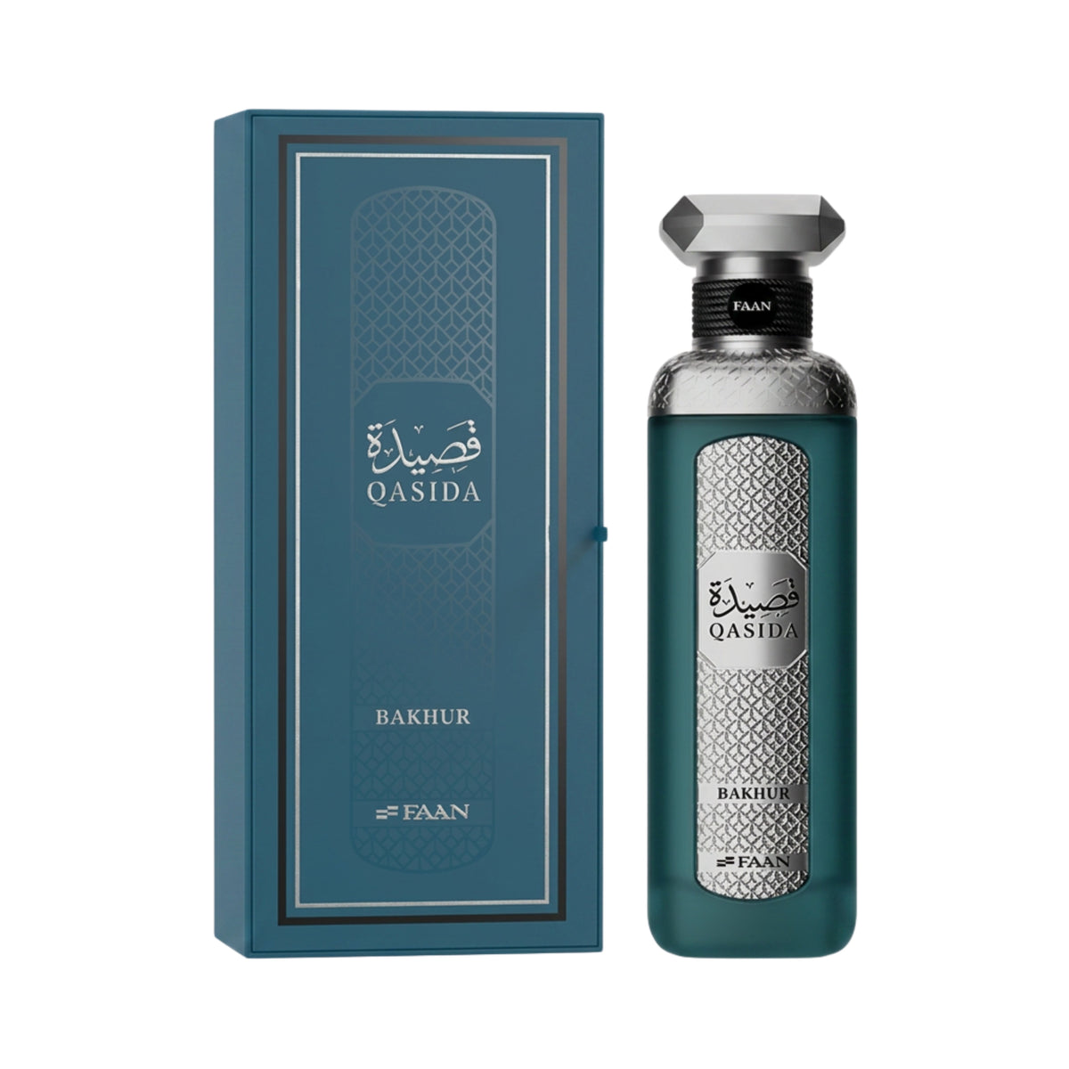 FAAN Qasida Bakhur perfume bottle next to its matching blue packaging box, featuring a silver patterned label and a faceted cap on a white background.