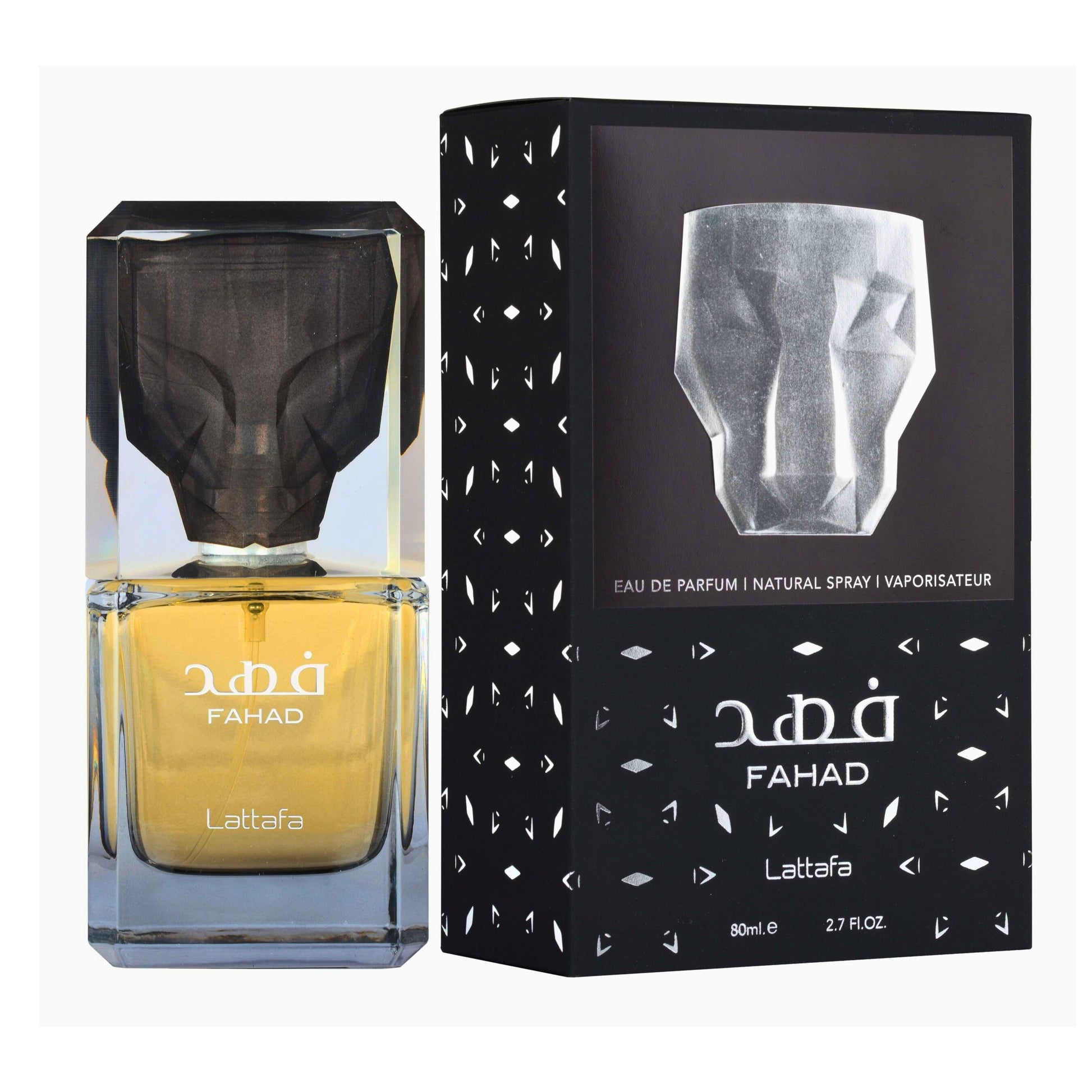 fahad Lattaafa Eau de Parfum bottle with yellow liquid next to its black packaging box featuring white geometric patterns.