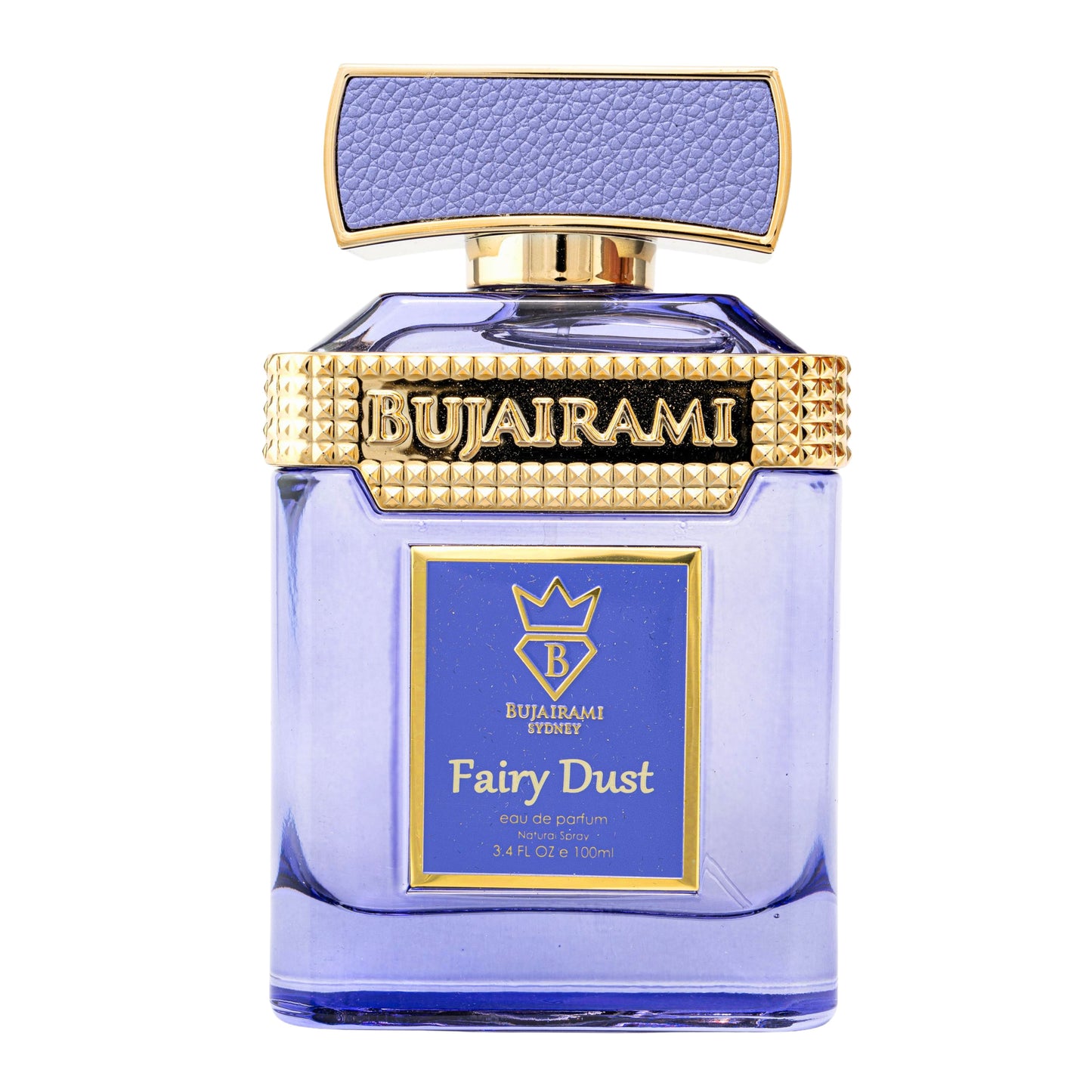 Bujairami Fairy Dust perfume bottle with gold accents on a white background