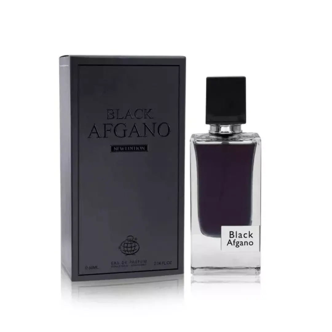 Black Afgano perfume bottle and packaging on a white background