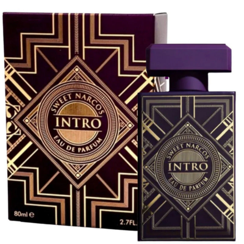 Sweet Narcos Intro Eau de Parfum bottle and its matching outer packaging box, both featuring a dark purple and gold Art Deco design.