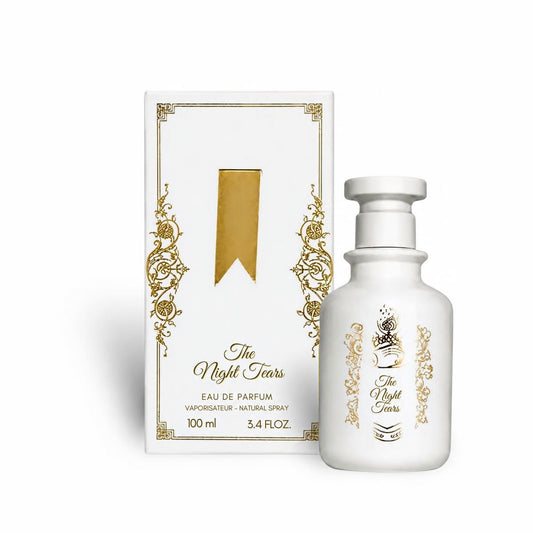 The Night Tears Eau de Parfum bottle and its matching white and gold packaging box, shown on a clean white background.