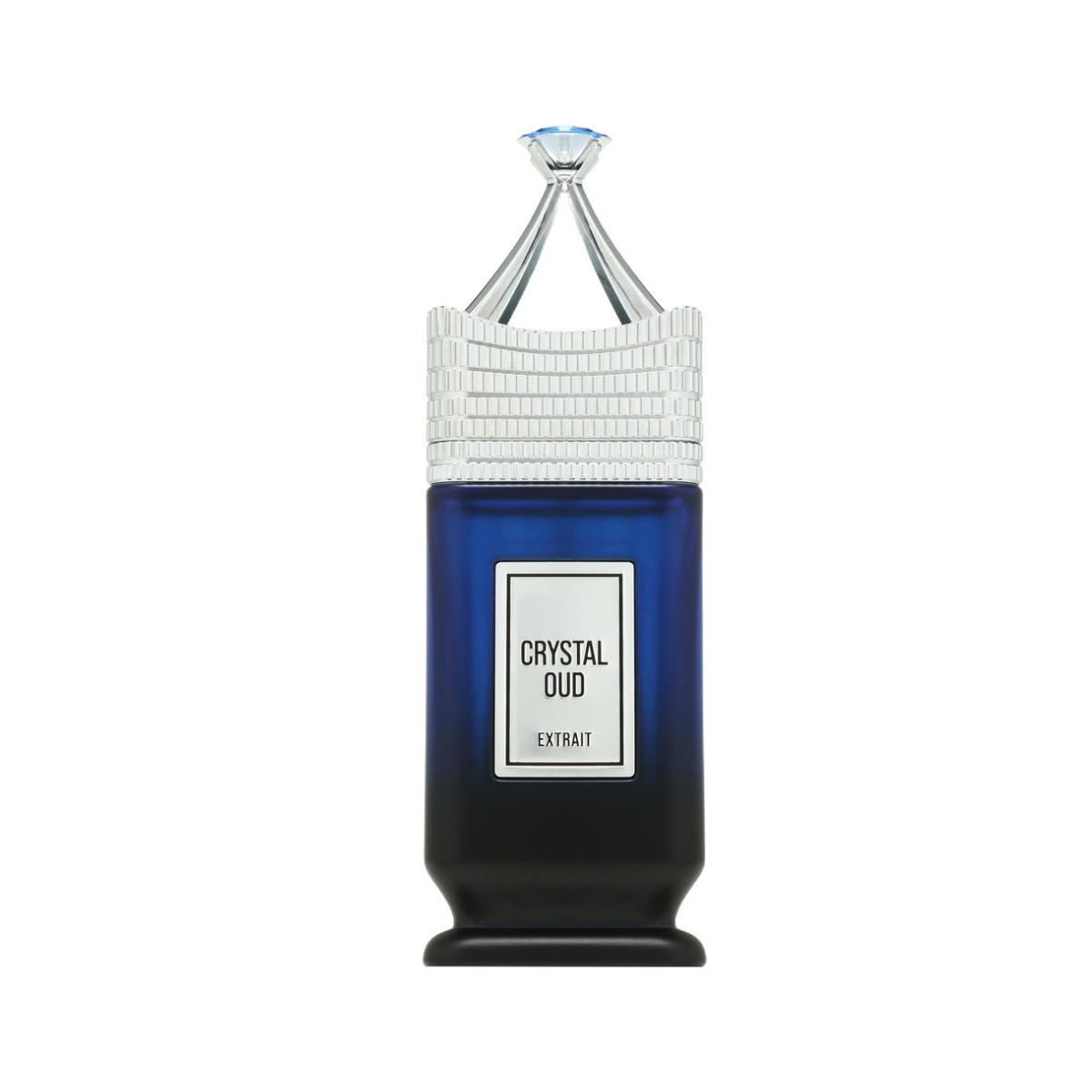 Crystal Oud Extrait perfume bottle with a deep blue body, a textured silver cap, and a clear crystal top on a white background.