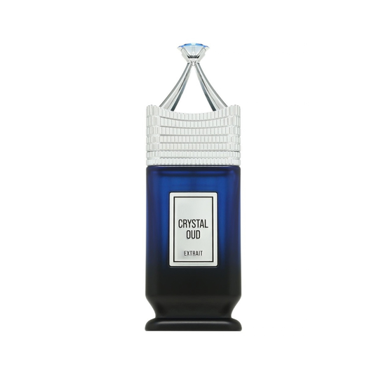 Crystal Oud Extrait perfume bottle with a deep blue body, a textured silver cap, and a clear crystal top on a white background.