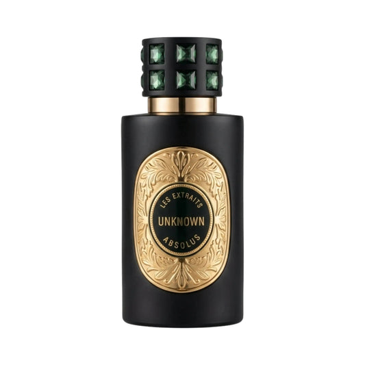 French Avenue Unknown Les Extraits Absolus Extrait de Parfum 60ml black and gold fragrance bottle with green gem cap on Beevora UK