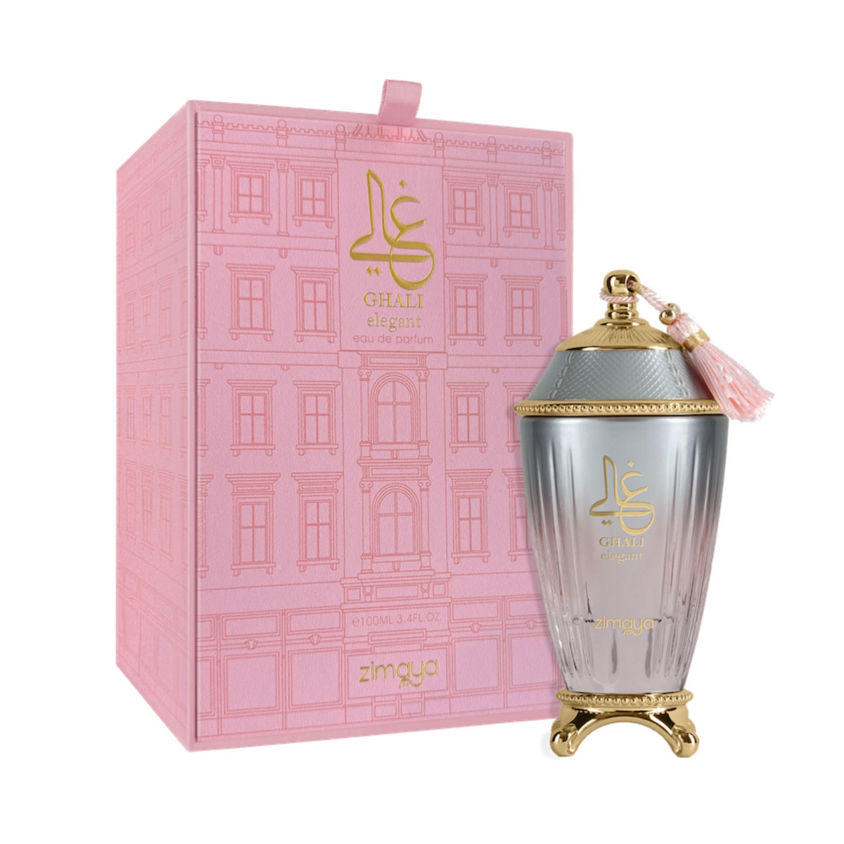 Zimya Ghali Eleganti Eau de Parfum bottle with a pink and silver faceted design and gold accents, shown next to its pink building-patterned packaging box.