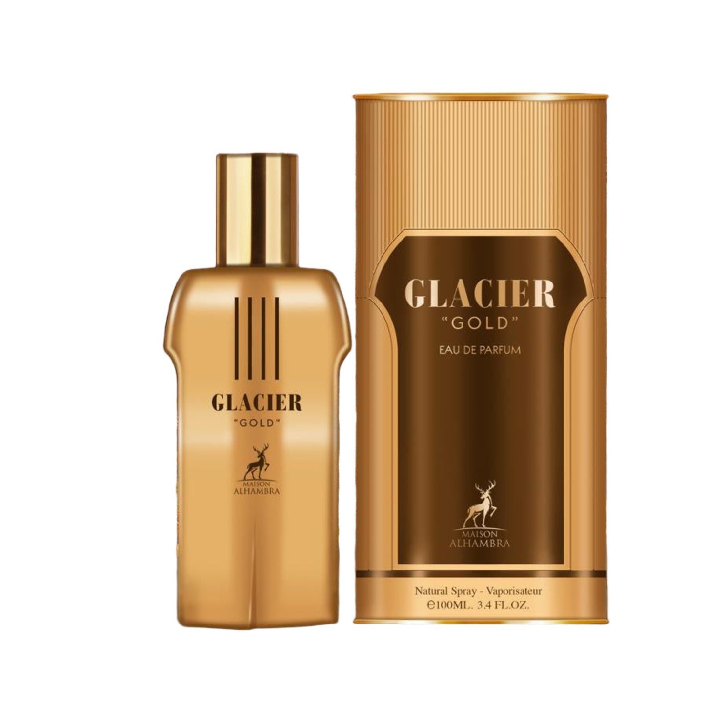 Glacier Gold Eau de Parfum bottle and its matching cylindrical box, both in a metallic gold and bronze color scheme, set against a plain white background.