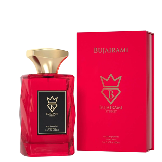 Golden Nights Perfume 100ml EDP by Bujairami red glass perfume bottle with gold cap and matching box