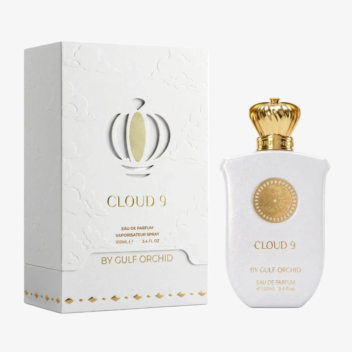 Gulf Orchid Cloud 9 100ml EDP unisex perfume pearl-white bottle with gold crown cap beside embossed white cloud box at Beevora UK