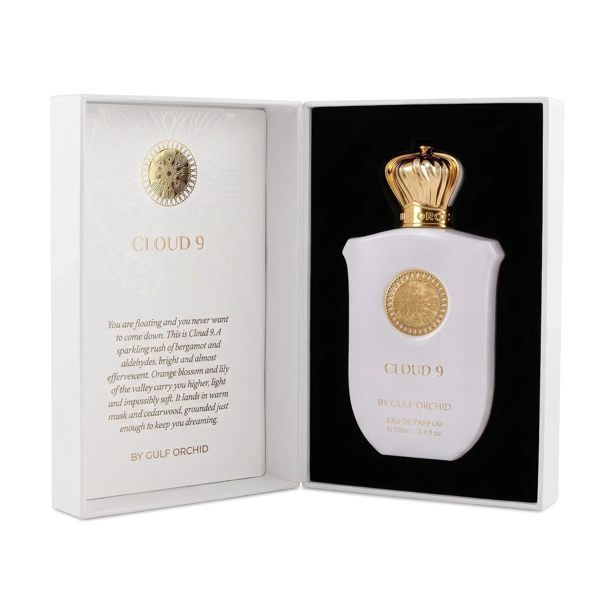 Authentic Gulf Orchid Cloud 9 100ml Eau de Parfum pearl-white bottle inside open luxury presentation gift box with scent story at Beevora UK