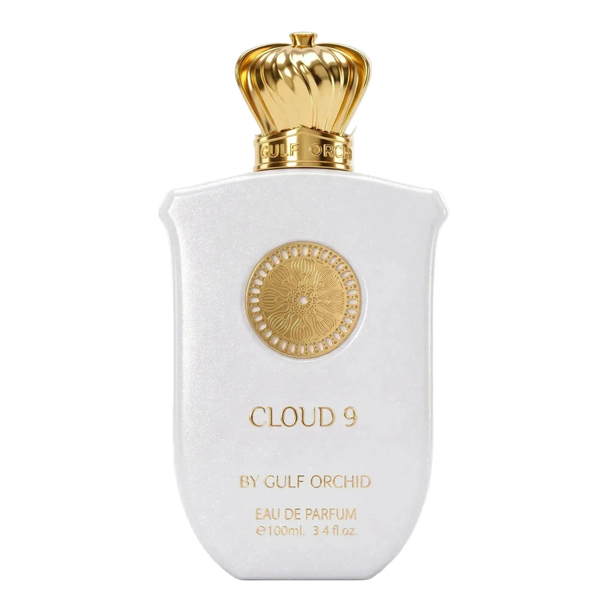 Gulf Orchid Cloud 9 100ml Eau de Parfum shimmering white shield bottle with ornate gold medallion and crown cap at Beevora UK