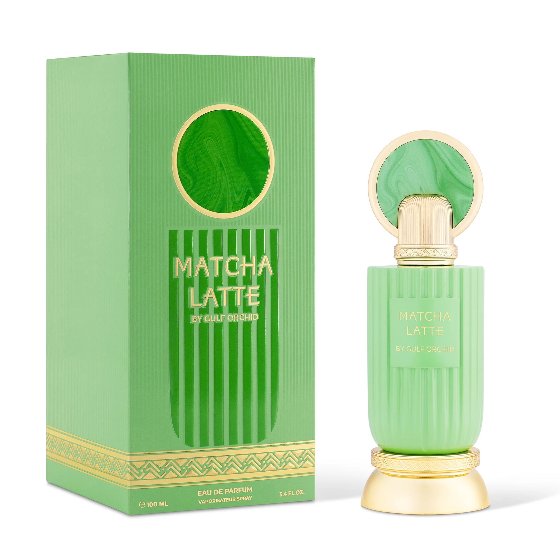 Matcha Latte perfume bottle and packaging on a white background