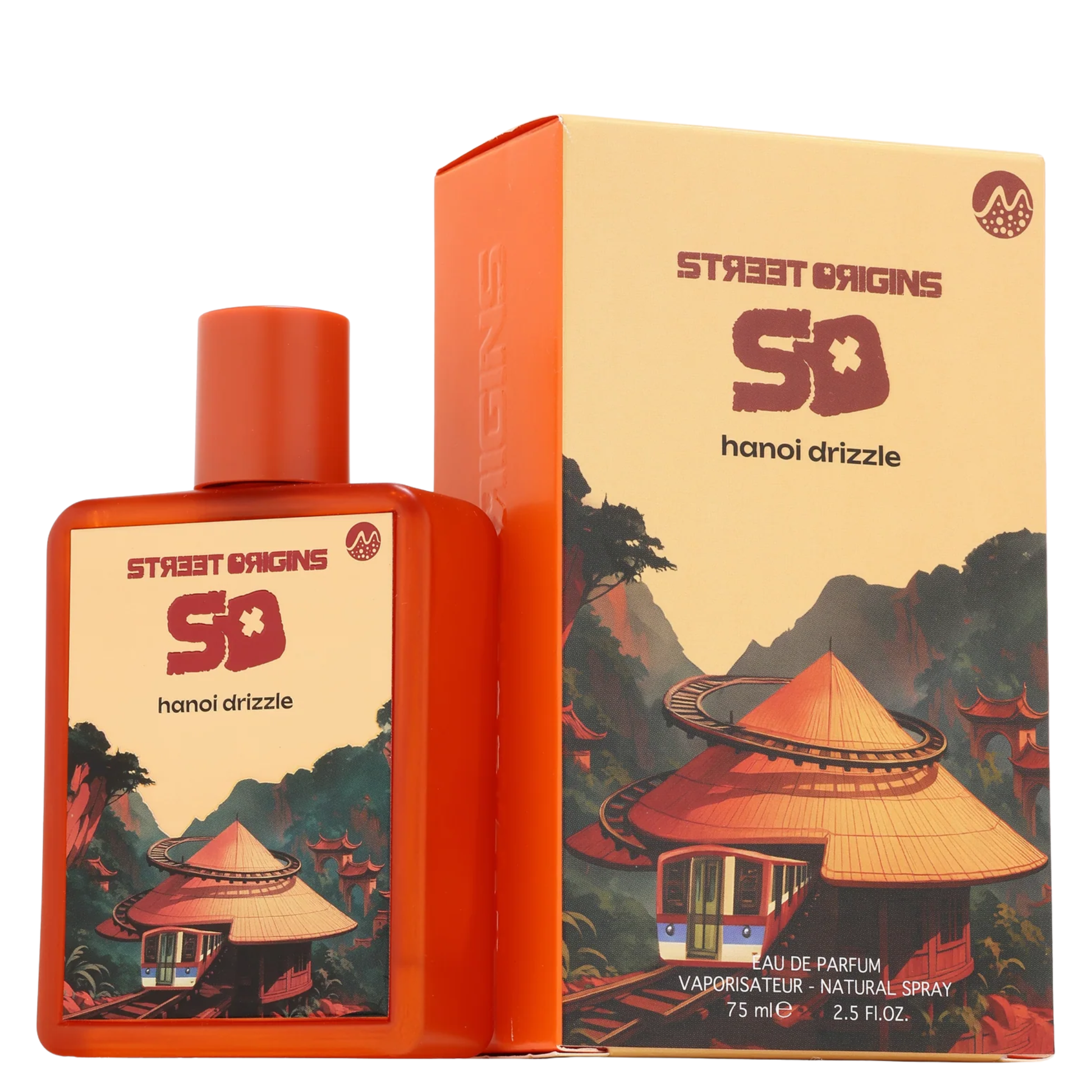 Hanoi Drizzle Perfume 75ml EDP by Street Origins (Fragrance World), featuring a vibrant orange bottle with a matching cap