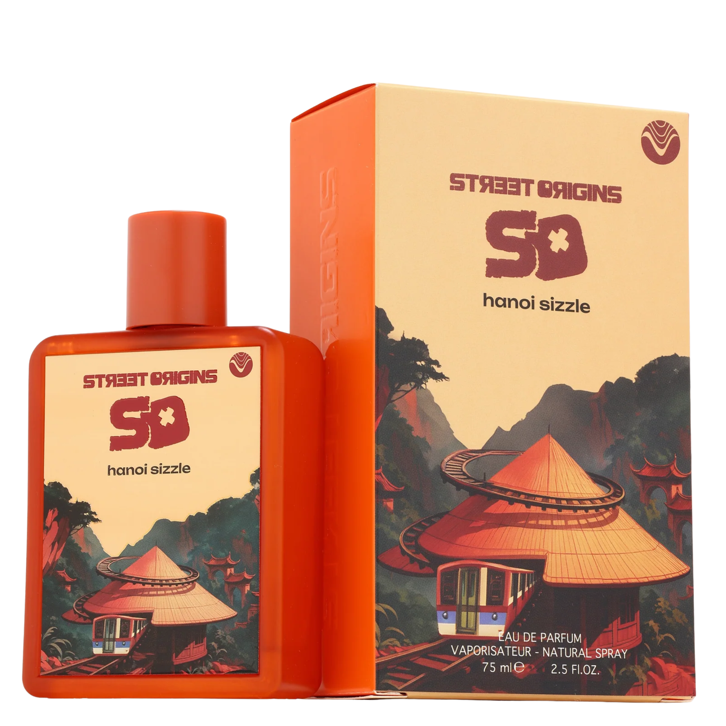 Hanoi Sizzle Perfume 75ml EDP by Street Origins (Fragrance World), featuring a bright orange bottle with a matching cap and scenic artwork label
