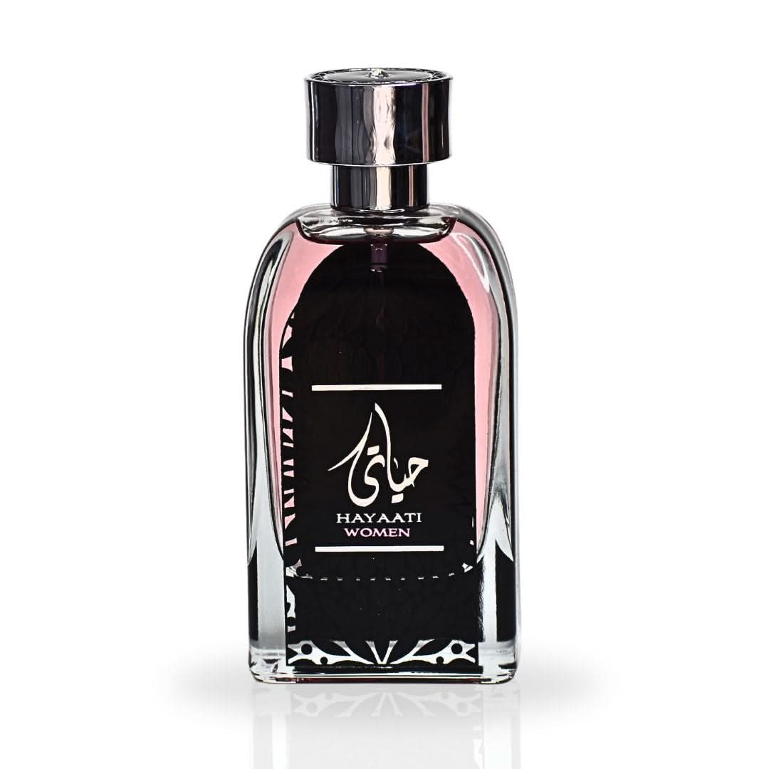 Hayaati For Women Perfume bottle with black label on a white background