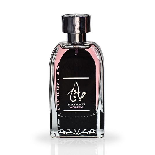 Hayaati For Women Perfume bottle with black label on a white background
