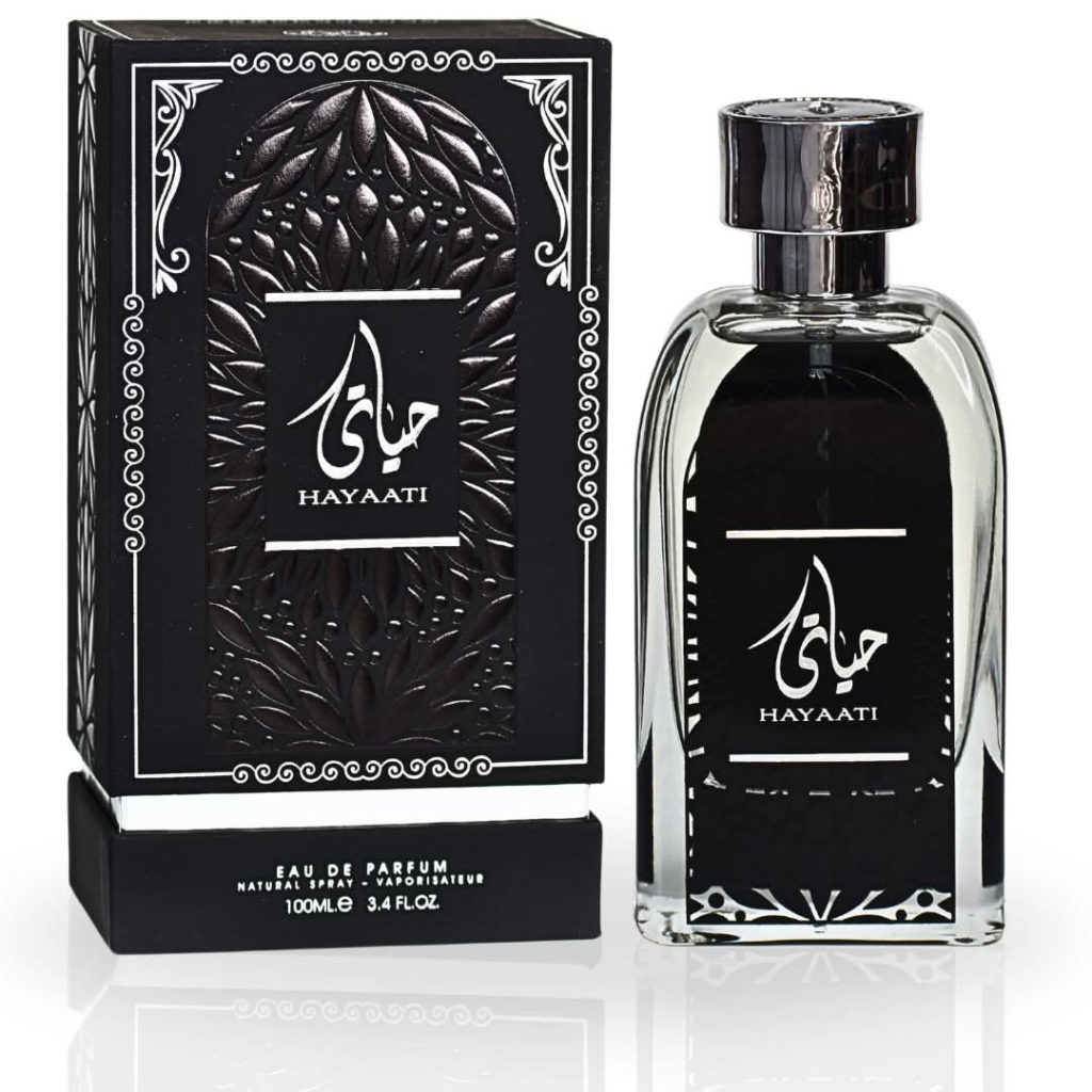 Hayaati perfume bottle and packaging on a white background