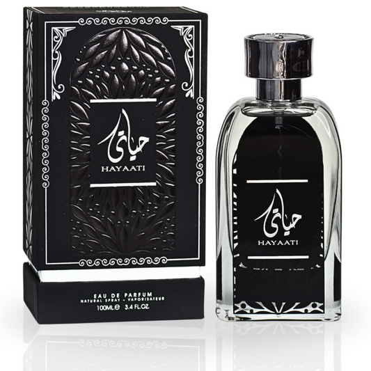 Hayaati perfume bottle and packaging on a white background