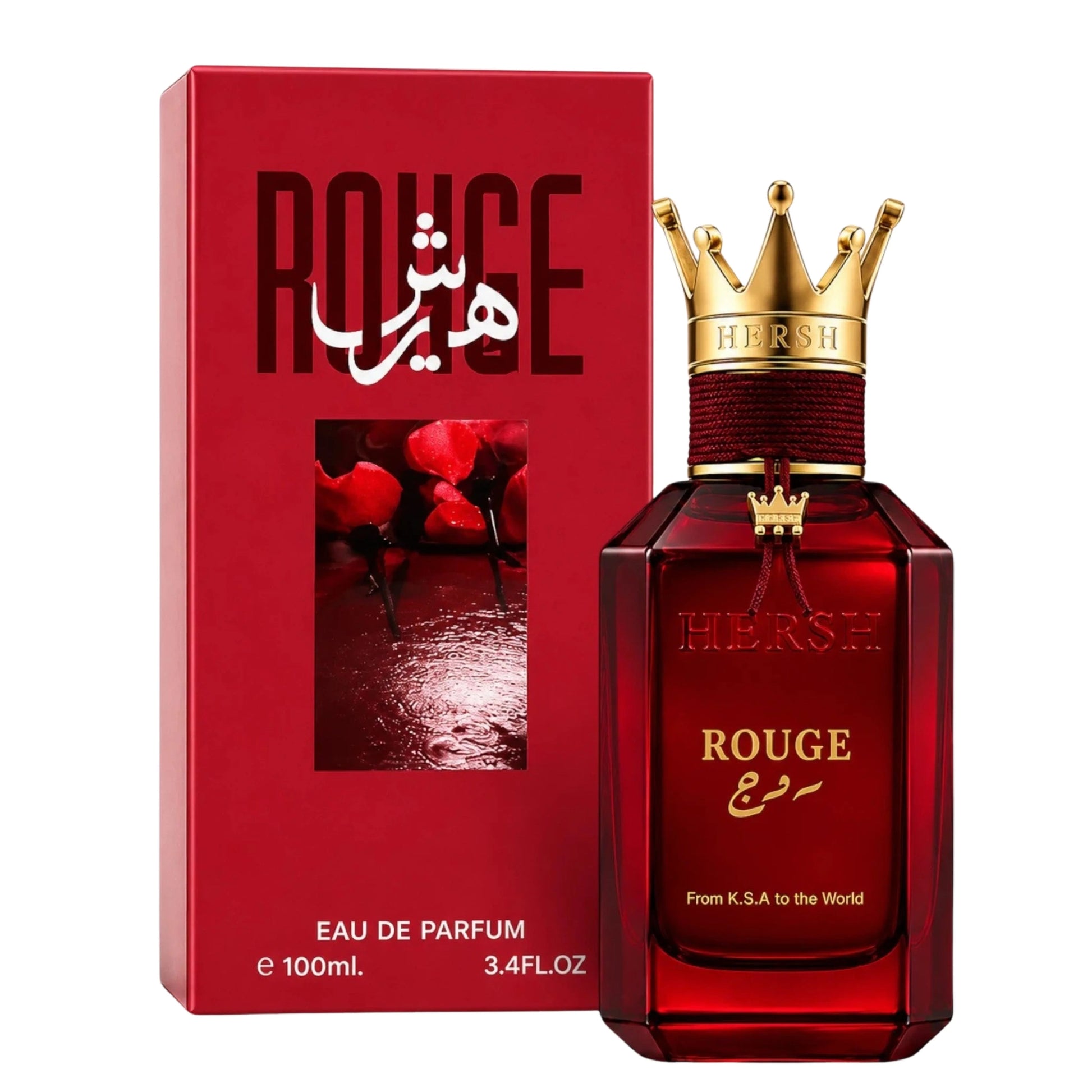 Hersh Rouge Perfume bottle with gold crown and matching box on a white background