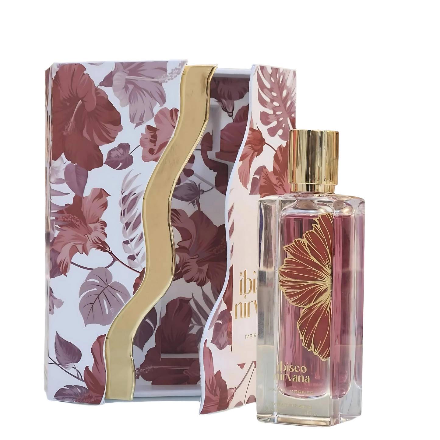 Ibisco Nirvana Eau De Perfume bottle with floral packaging on a white background