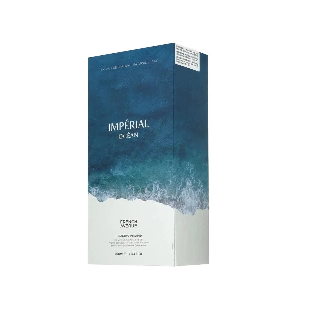 A rectangular product box for Impérial Oécean French Avenue, featuring a blue watercolor wave design with white text on a clean white background.