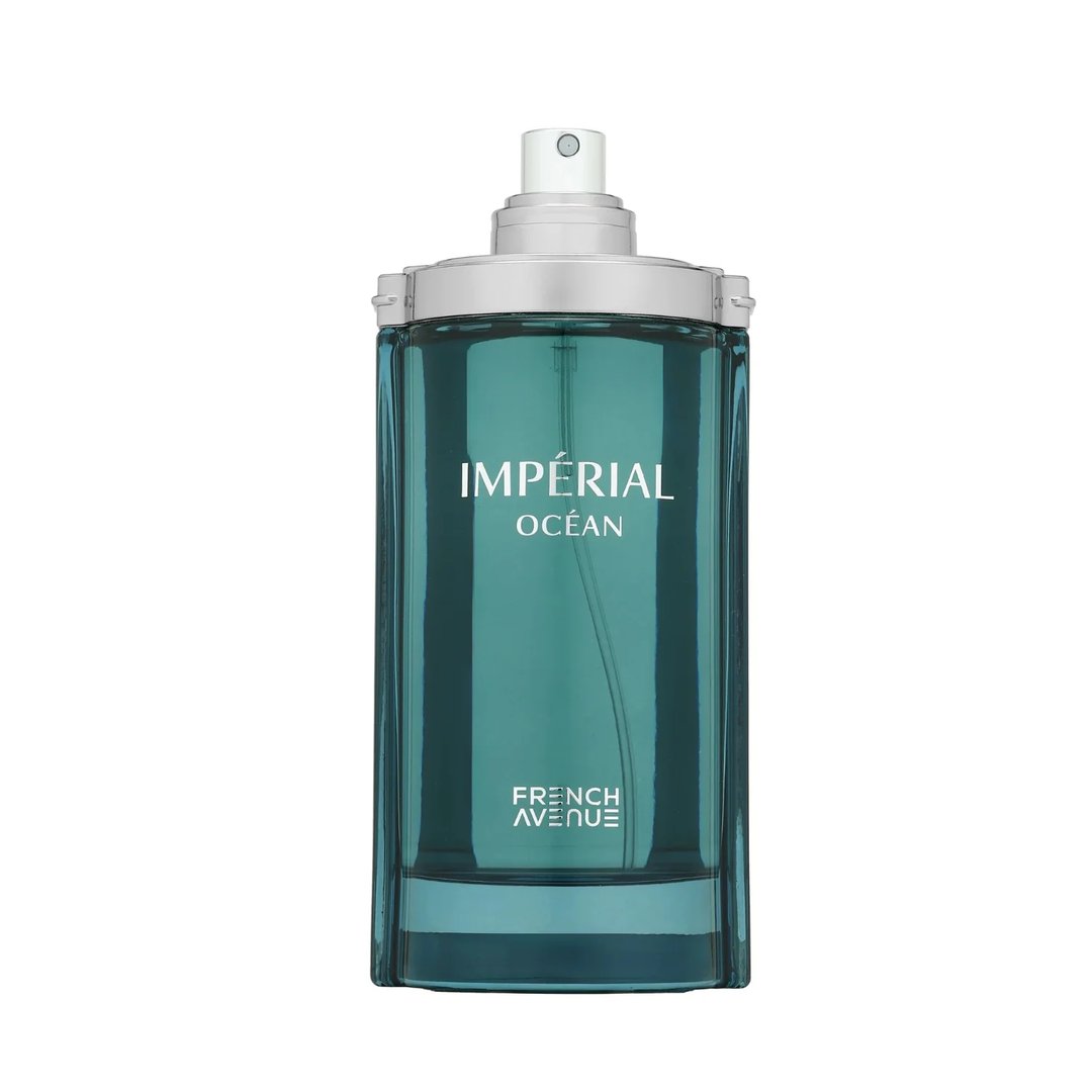 A bottle of Impérial Écôan fragrance by French Avenue, featuring a translucent teal-blue glass bottle with a silver spray nozzle, centered on a plain white background.