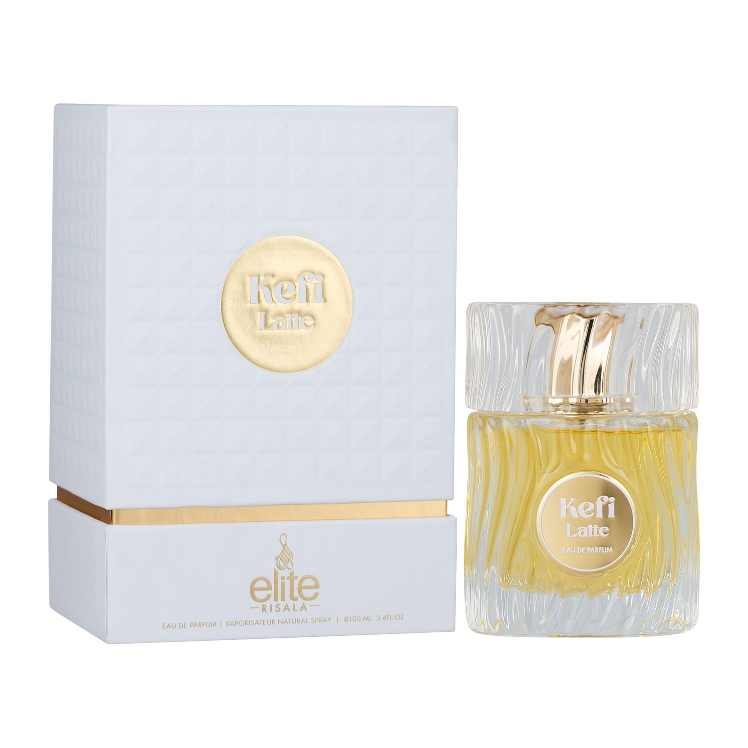 Kefi Latte 100ml Eau De Parfum by Risala Elite whitte and golden bottle