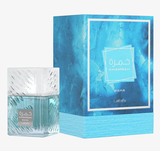 Lattafa Khamrah Waha Perfume bottle and packaging with blue design on a white background