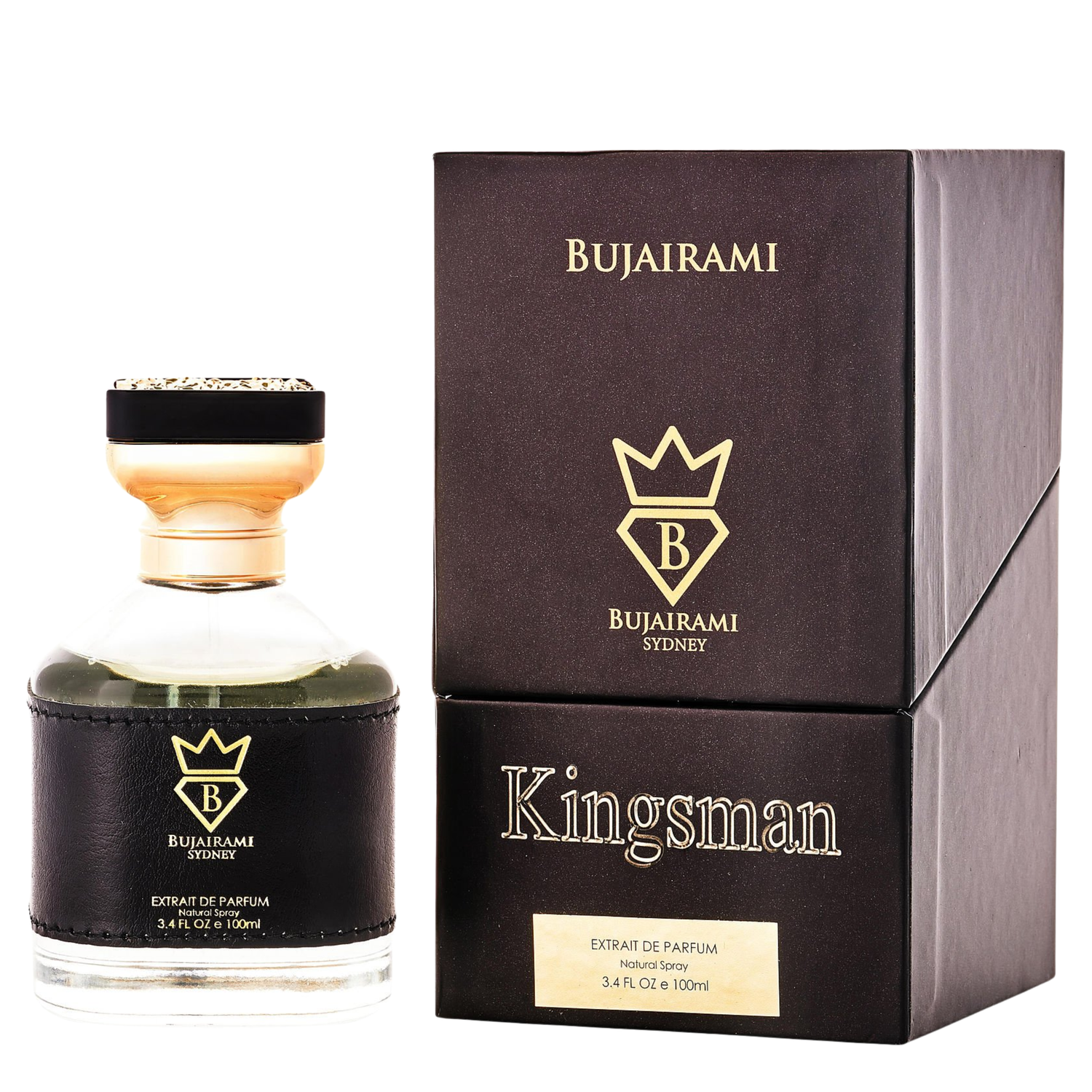 Kingsman Extrait de Parfum by Bujairami clear glass perfume bottle with leather wrap and brown box