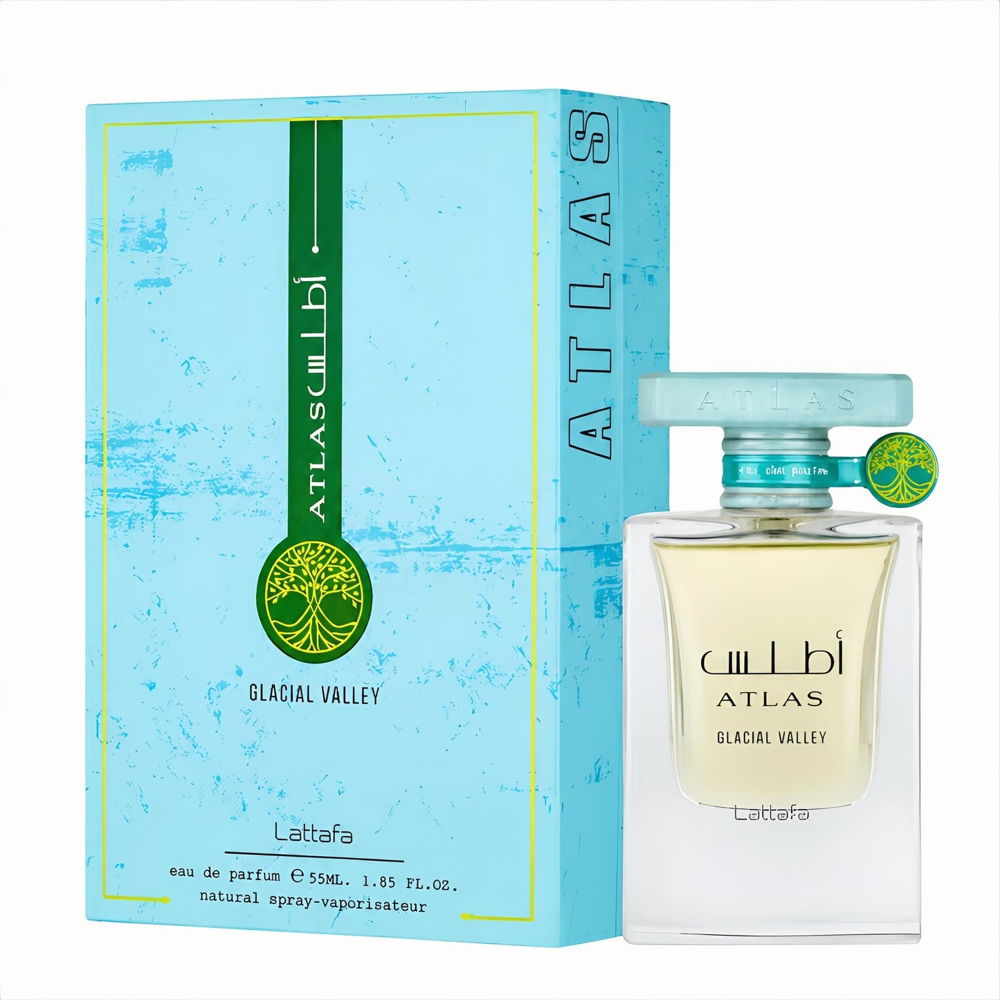 Atlas Lattafa Glacial Valley Eau de Parfum bottle next to its light blue and green packaging box, on a clean white background.