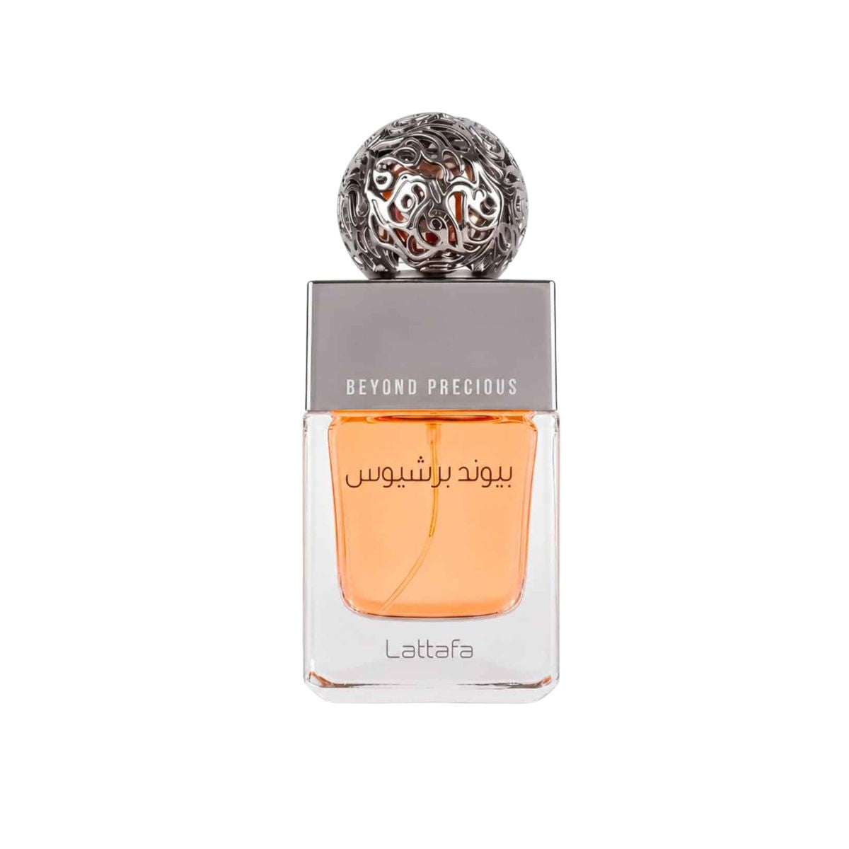 Lattafa Beyond Precious perfume bottle with a silver cap and orange liquid, shown on a white background.