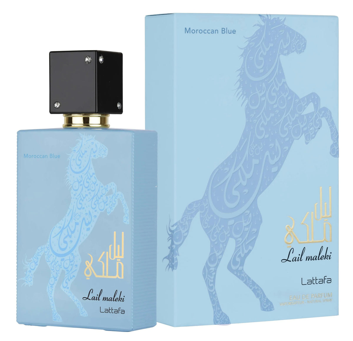 Lattafa Moroccan Blue perfume bottle and packaging with horse design