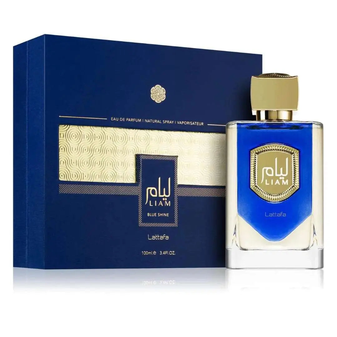 Perfume bottle and packaging of Liam perfume by Lattafa on a white background