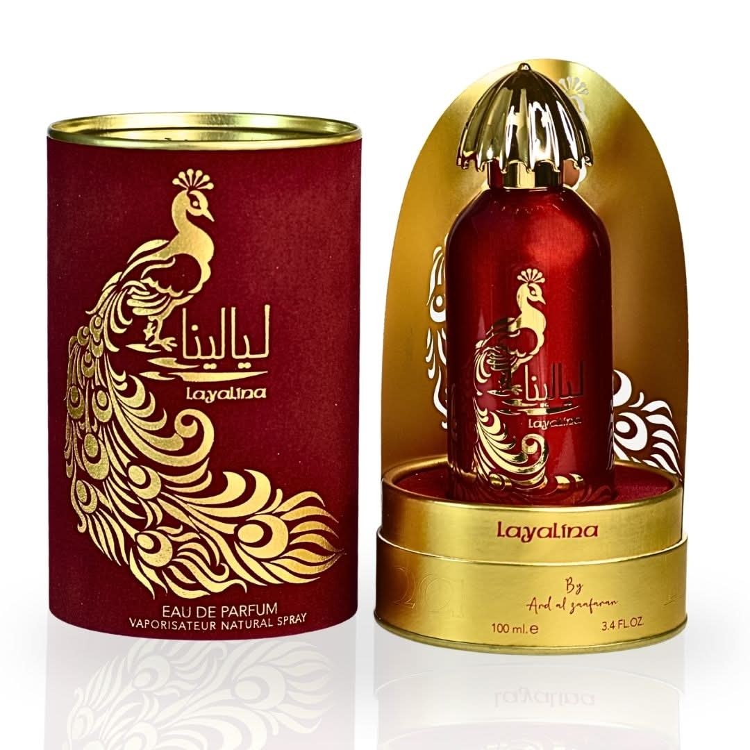 Red and gold Loyalina perfume bottle and packaging on a white background