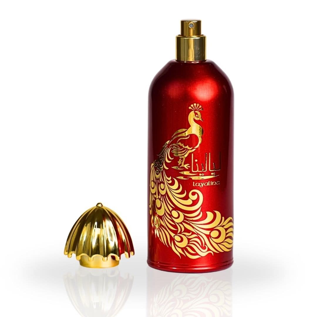 Layalina Perfume bottle with a peacock design on a white background
