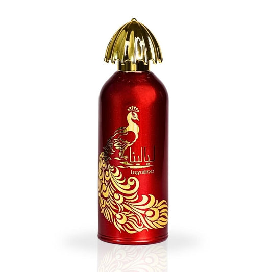 Layalina Perfume bottle with gold accents and a peacock design on a white background