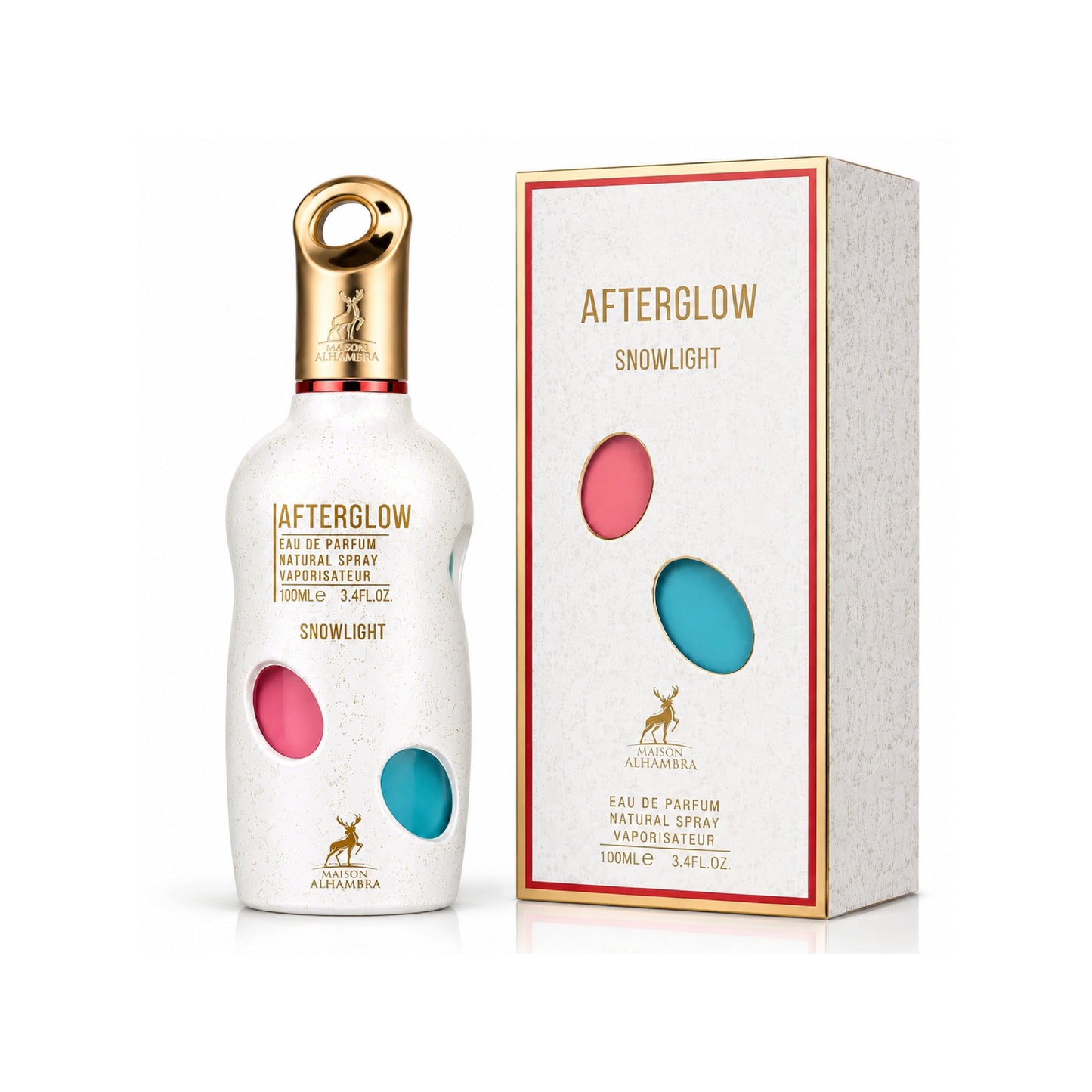A bottle of Afterglow Snowlight Eau de Parfum next to its packaging box, featuring a white textured body with pink and blue circular accents, a gold cap, and a white box with gold lettering and red borders.