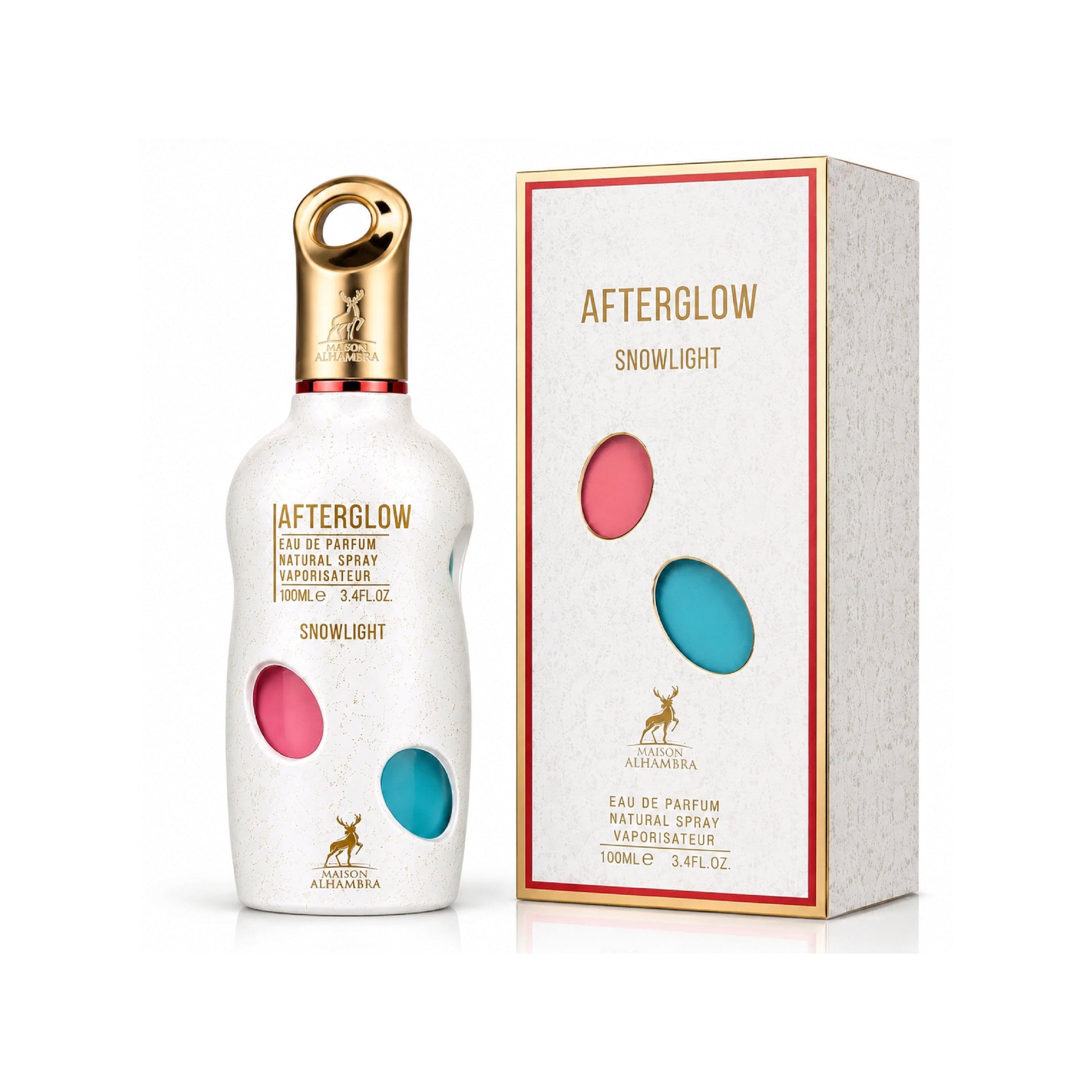 A bottle of Afterglow Snowlight Eau de Parfum next to its packaging box, featuring a white textured body with pink and blue circular accents, a gold cap, and a white box with gold lettering and red borders.