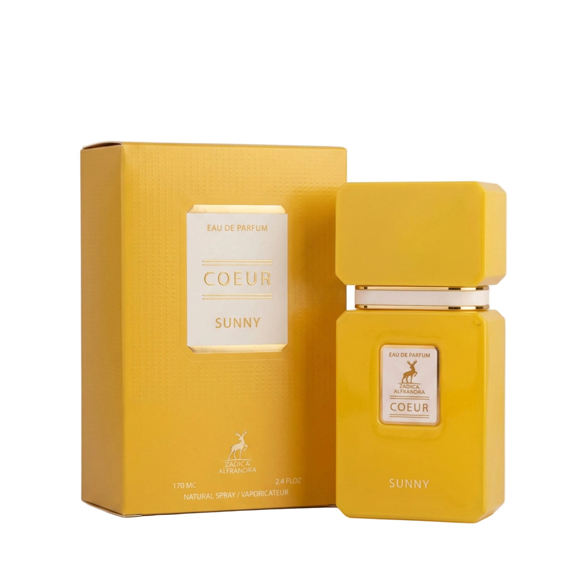 Coeur Sunny Eau de Parfum bottle and matching box in a vibrant yellow color, featuring a textured finish and a gold deer logo, set against a clean white background.