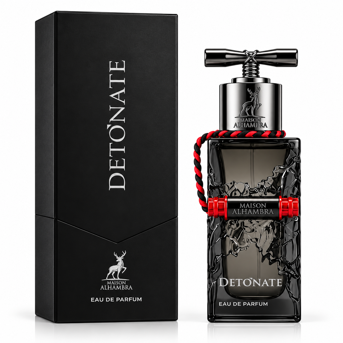 Maison Alhambra Detonate Eau de Parfum bottle with a black and silver design and red cord accents, shown next to its black packaging box.