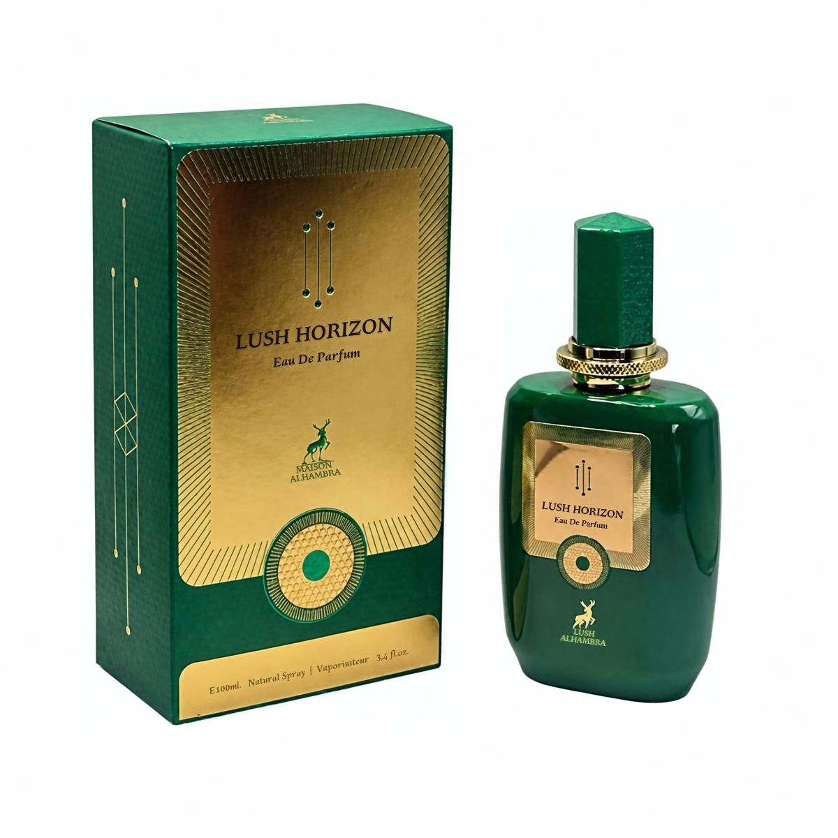 Lush Horizon Eau De Parfum bottle and its green and gold packaging box, shown on a plain white background.