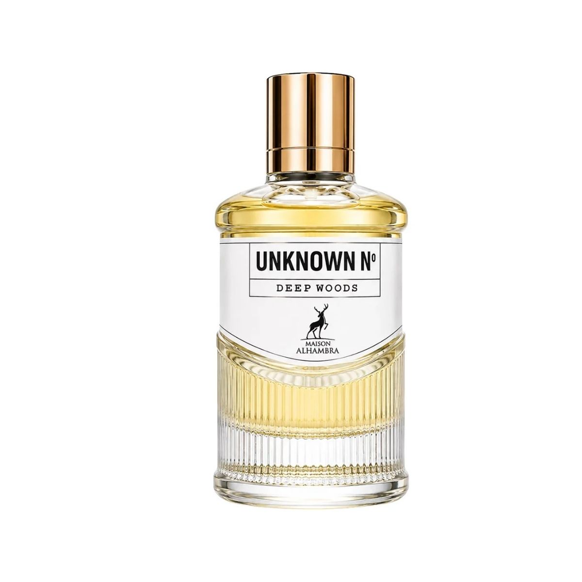 A bottle of Unknown No. 23 Deep Woods perfume by Alhambra, featuring a clear glass bottle with a metallic gold cap and a white label, set against a plain white background.