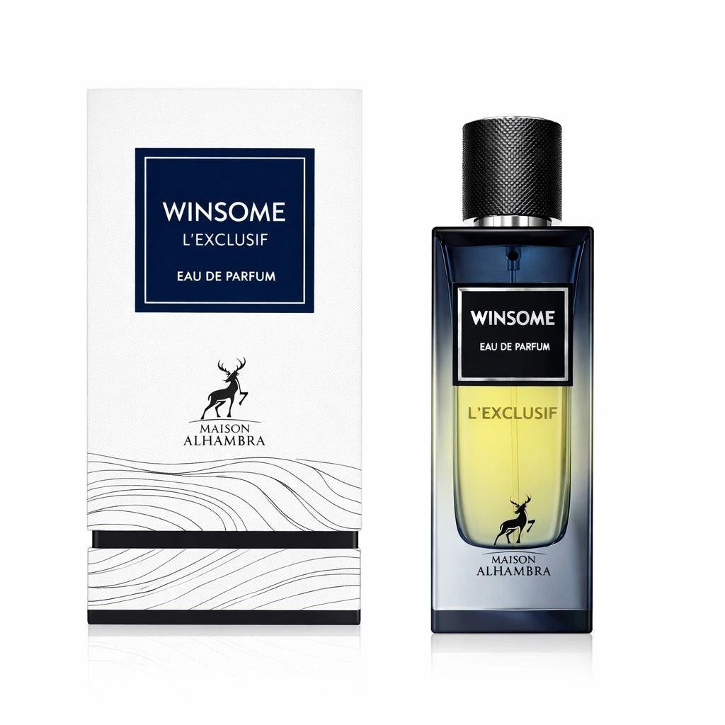 Winsome L'Exclusif Eau de Parfum shown with its white and navy packaging box and the dark blue glass perfume bottle containing yellow-amber liquid, on a clean white background.