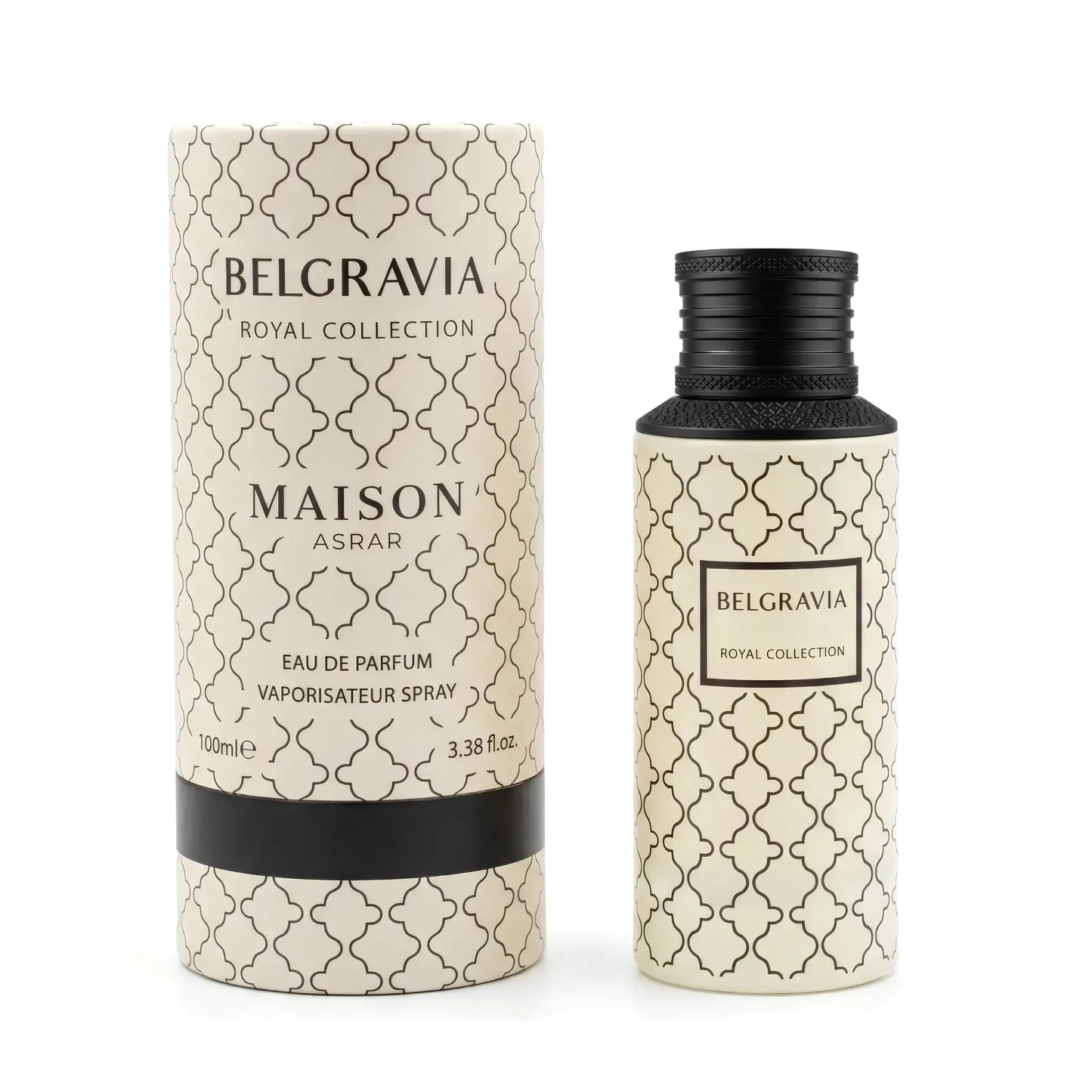 Belgravia Royal Collection Maison Asrar Eau de Parfum shown with its cylindrical box and matching spray bottle. Both the box and bottle feature a beige and black Moroccan trellis pattern, with the bottle topped by a textured black cap.