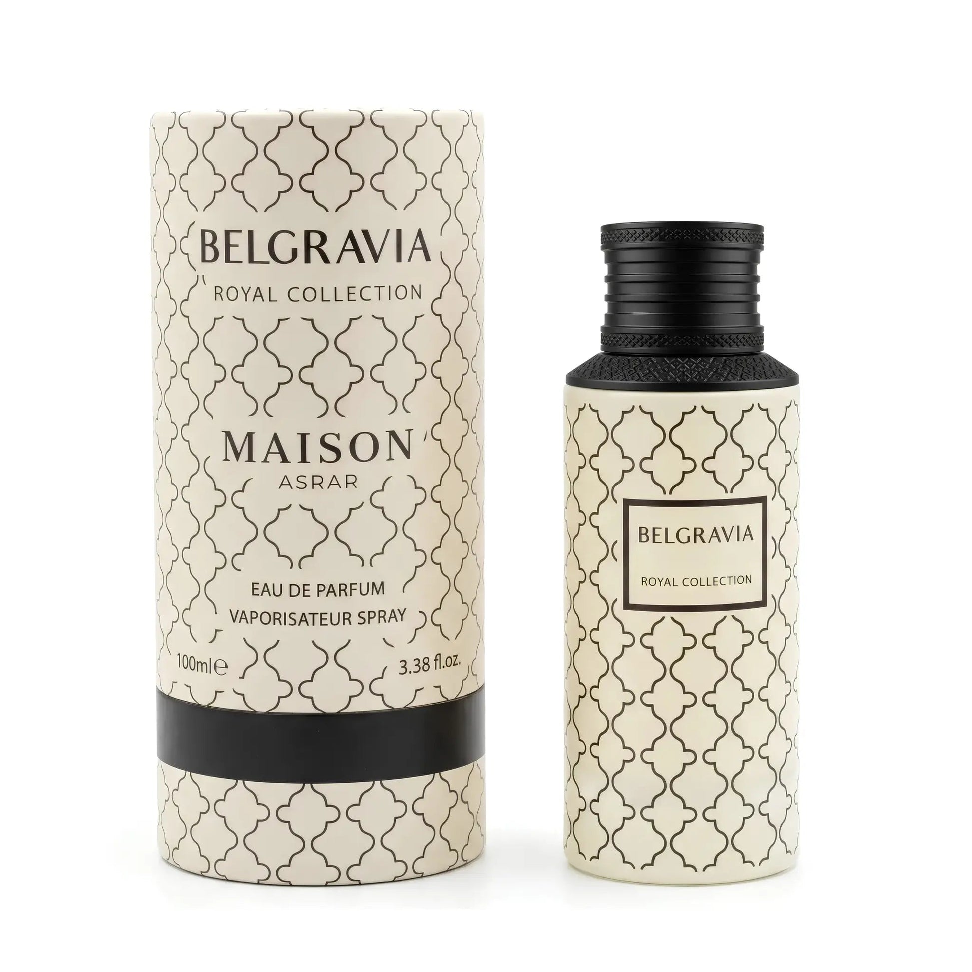 Belgravia Royal Collection Maison Asrar Eau de Parfum shown with its cylindrical box and matching spray bottle. Both the box and bottle feature a beige and black Moroccan trellis pattern, with the bottle topped by a textured black cap.