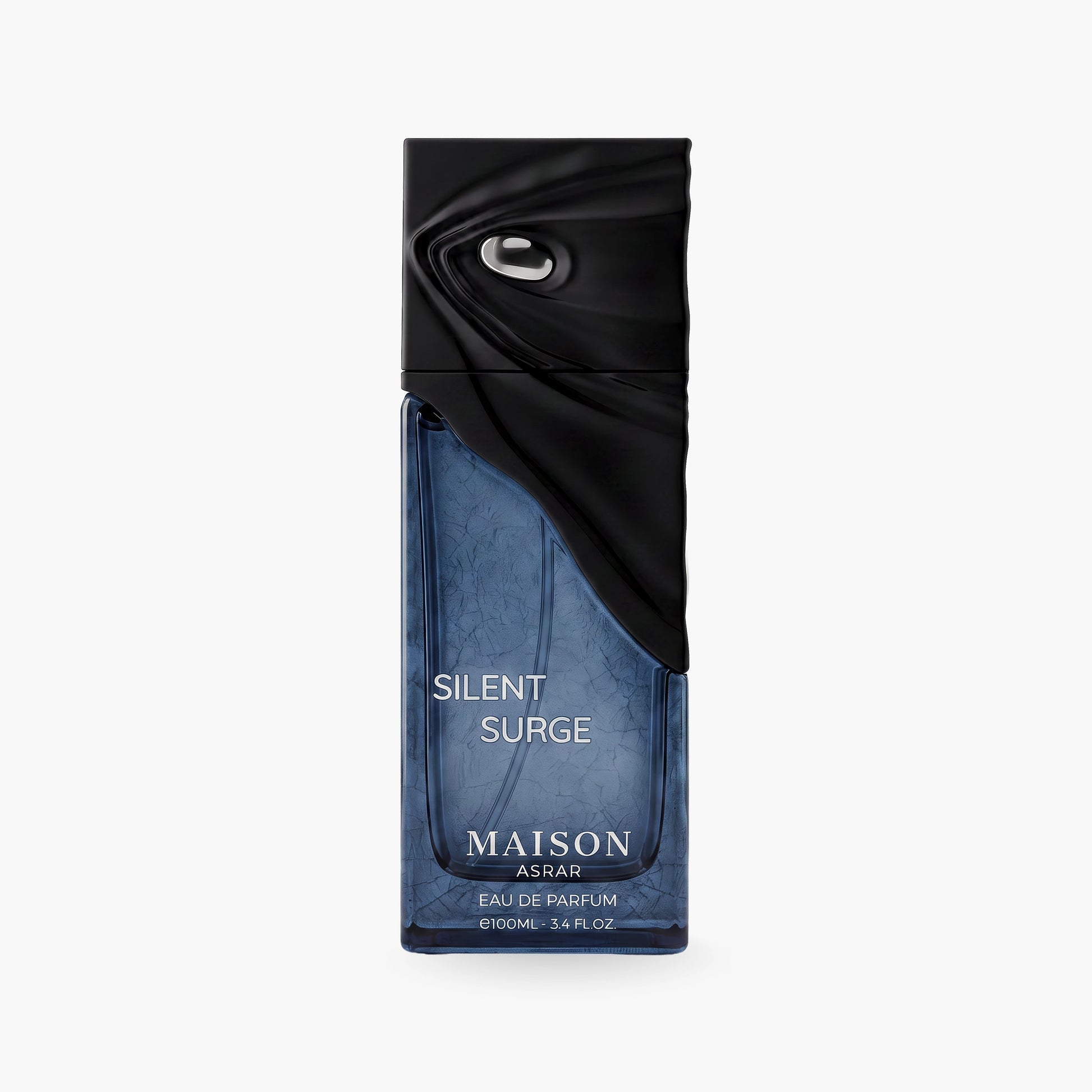 Maison Assar Silent Surge Eau de Parfum bottle, 30ml, featuring a textured blue glass body and a dramatic black cap with a silver logo, set against a plain white background.