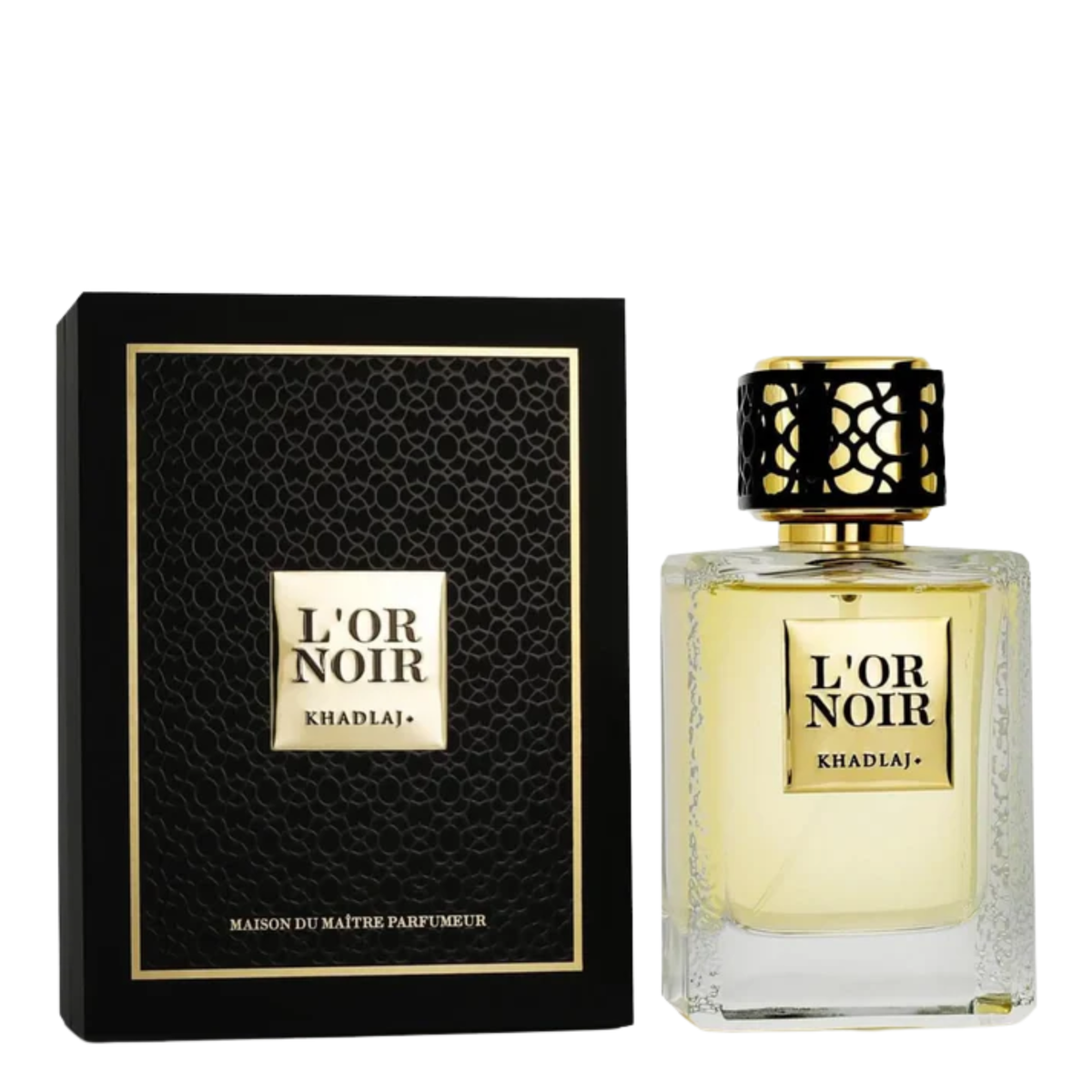 L'Or Noir perfume bottle and packaging on a white background