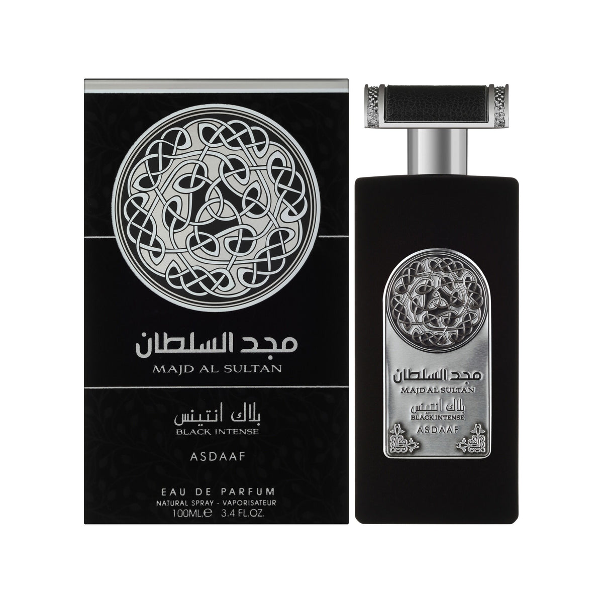 Black and silver ASDAAF Majd Al Sultan Black Intense Eau De Parfum bottle and its matching packaging box