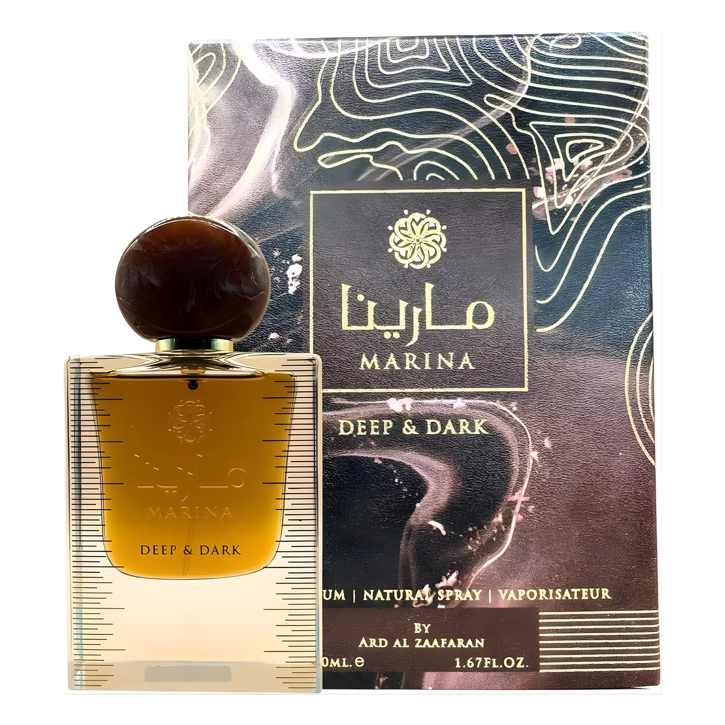 Marina Deep & Dark Perfume 50ml EDP Ard Al Zaafaran with amber bottle and decorative box packaging.